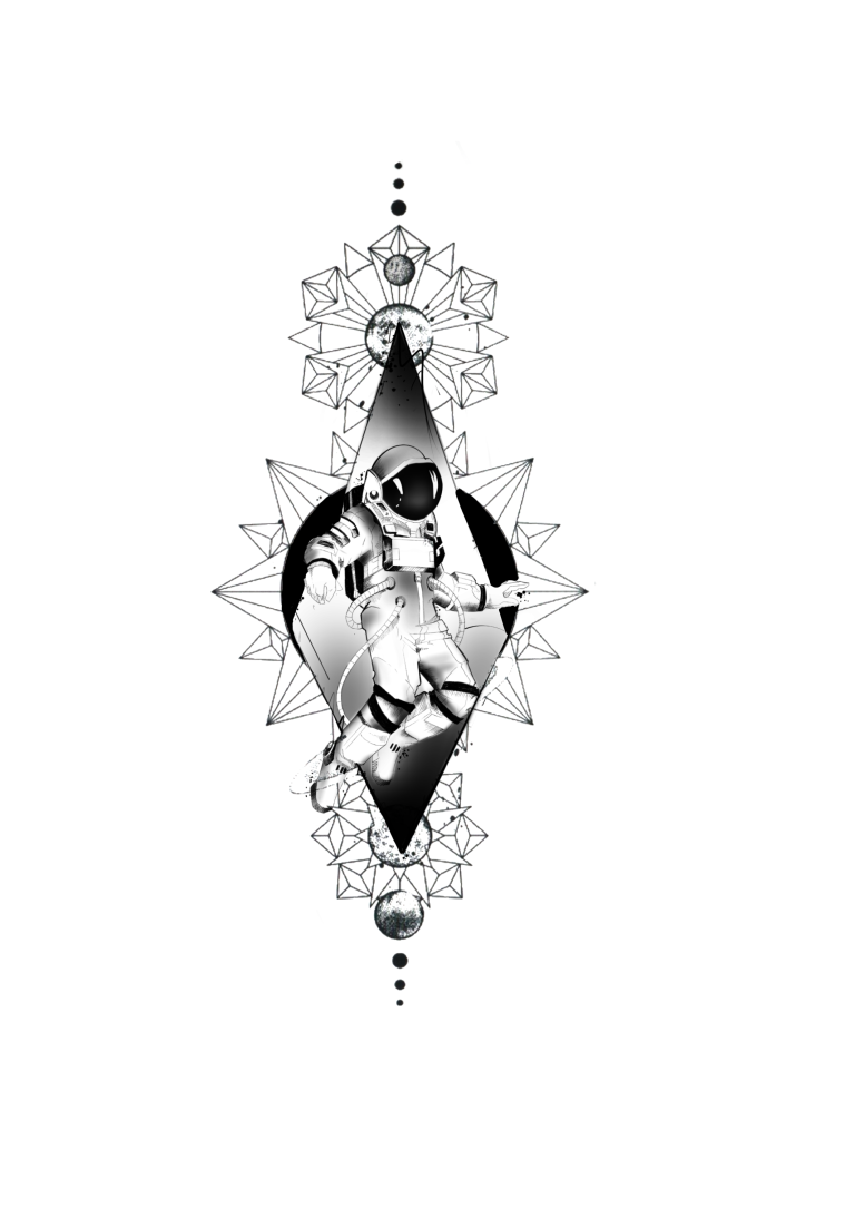 Flash tatouage astronaute noir et gris dans une composition géométrique type mandala, format vertical