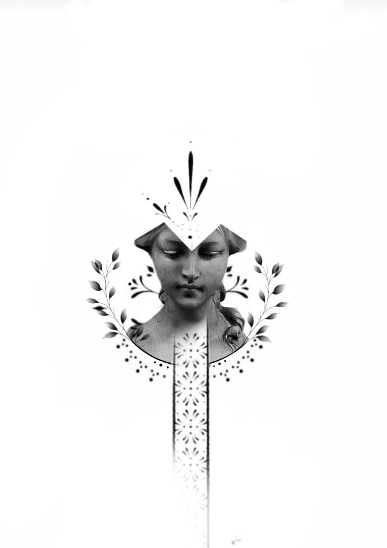 Flash tatouage buste féminin antique noir et gris avec laurier, ornements et projection d’encre