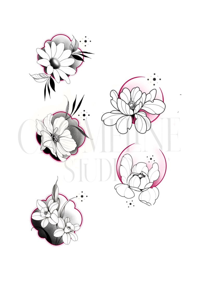 Flash tatouage composition florale noir et gris avec halos roses et pointillés