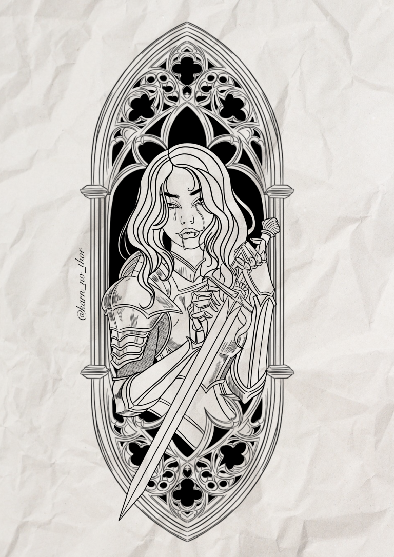 Flash tatouage guerrière sous arche gothique, tenant une épée, style linework noir.