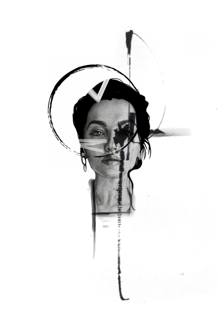 Flash tatouage portrait féminin noir et gris avec cercle d’encre et traits abstraits Fougères