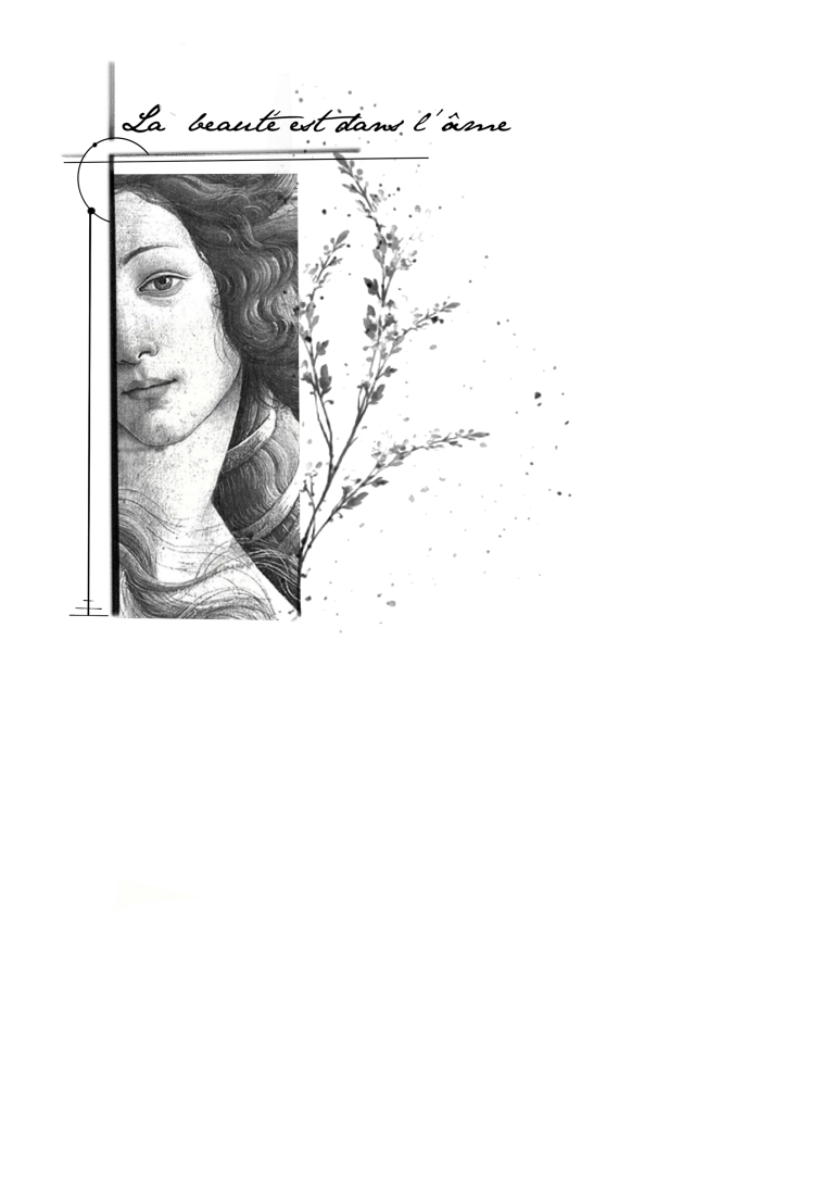 Flash tatouage portrait féminin style gravure noir et gris avec texte « La beauté est dans l’âme » et feuillage