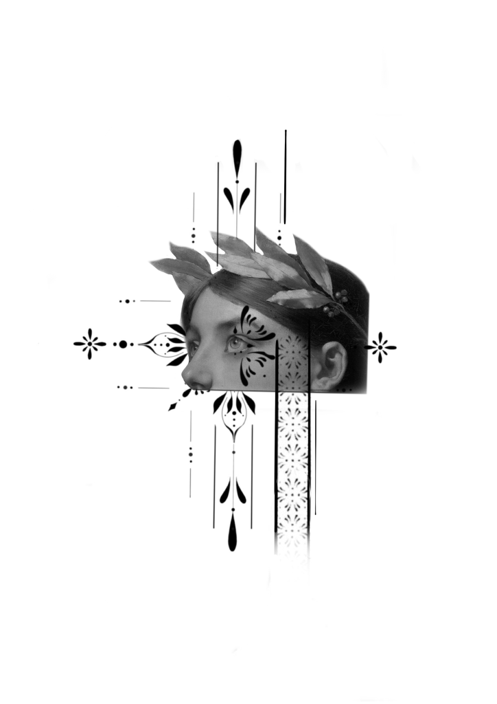 Flash tatouage profil féminin noir et gris avec ornement vertical et feuillage, style graphique