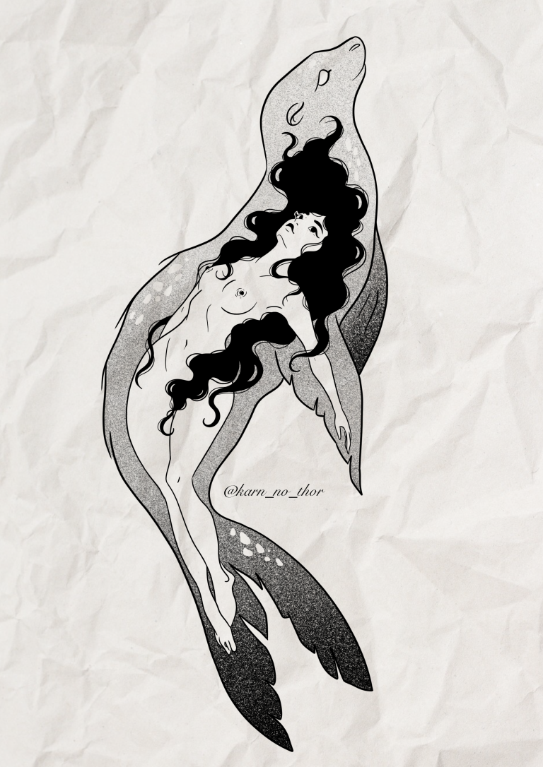 Flash tatouage sirène enlacée à une silhouette de baleine, illustration noir et gris